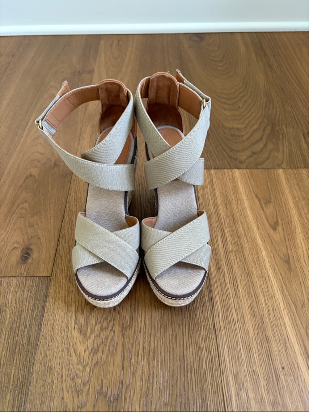 Tory Burch Womens Beige Crisscross Espadrille Wedge Sandals with Velcro Closure